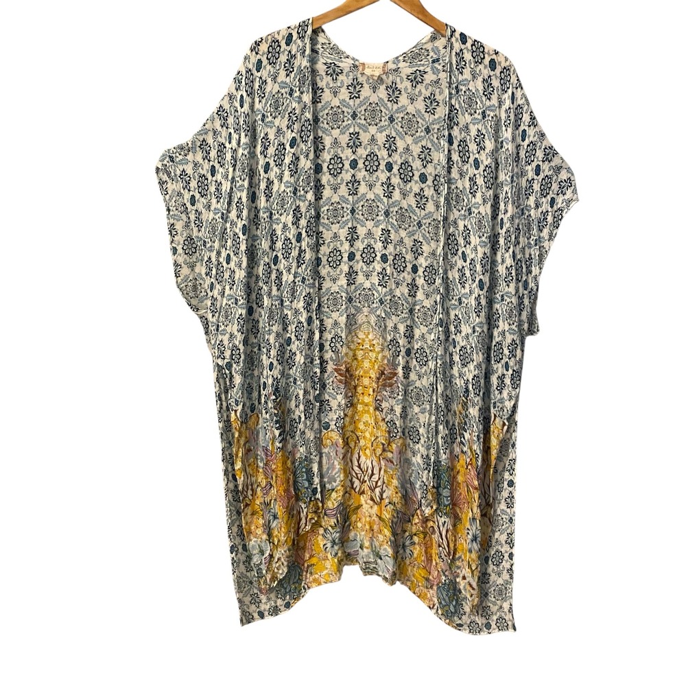 Altar'd State Blue Yellow Floral Geometric Kimono Wrap OS One Size Viscose